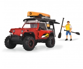 Spielzeug-Jeep mit Campingdach und Kanu