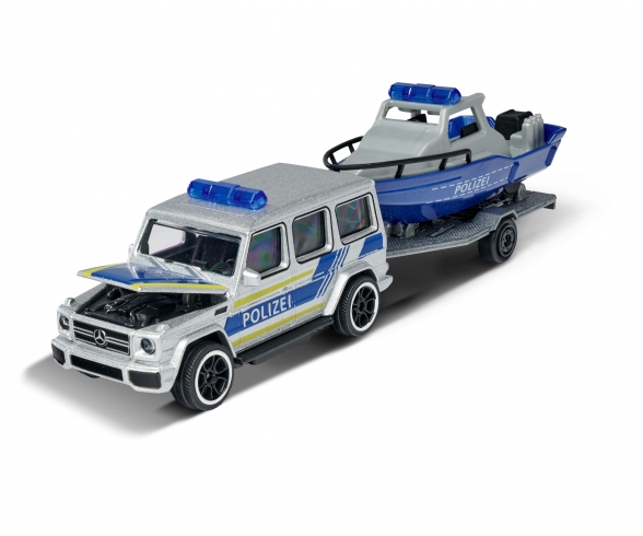 Mercedes-AMG G 63 mit Polizeiauto mit Polizeiboot und Anhänger Mercedes-AMG G 63 mit Polizeiauto mit Polizeiboot und Anhänger