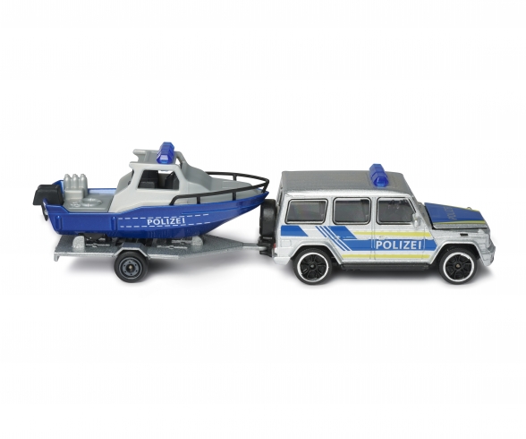 Mercedes-AMG G 63 mit Polizeiauto mit Polizeiboot und Anhänger Mercedes-AMG G 63 mit Polizeiauto mit Polizeiboot und Anhänger