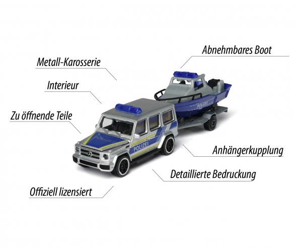 Mercedes-AMG G 63 mit Polizeiauto mit Polizeiboot und Anhänger Mercedes-AMG G 63 mit Polizeiauto mit Polizeiboot und Anhänger