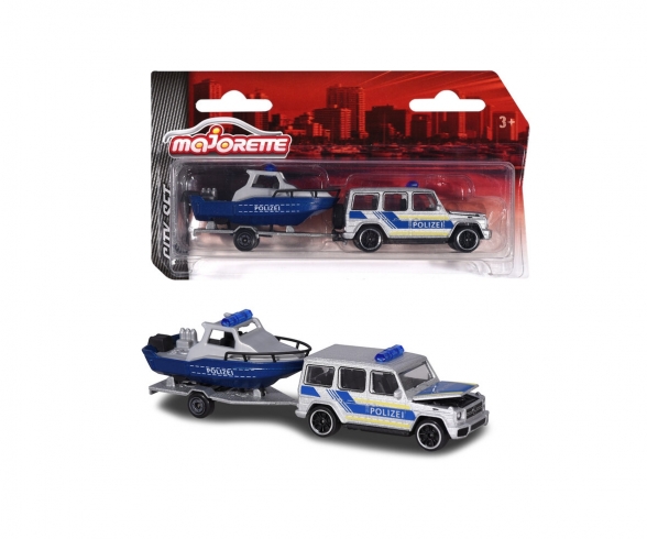 Mercedes-AMG G 63 mit Polizeiauto mit Polizeiboot und Anhänger Mercedes-AMG G 63 mit Polizeiauto mit Polizeiboot und Anhänger