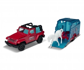 Jeep mit Pferdeanhänger und Pferd